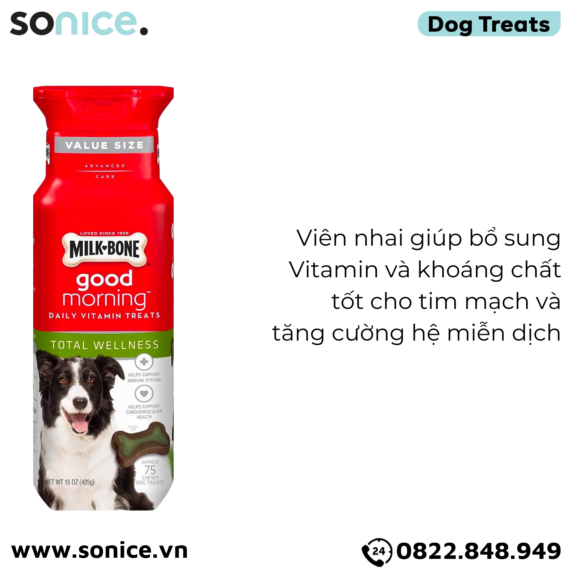 Vitamin Treats Milk-Bone Total Wellness 75 viên - 425g - bổ sung dinh dưỡng hằng ngày, tốt cho tim mạch SONICE.