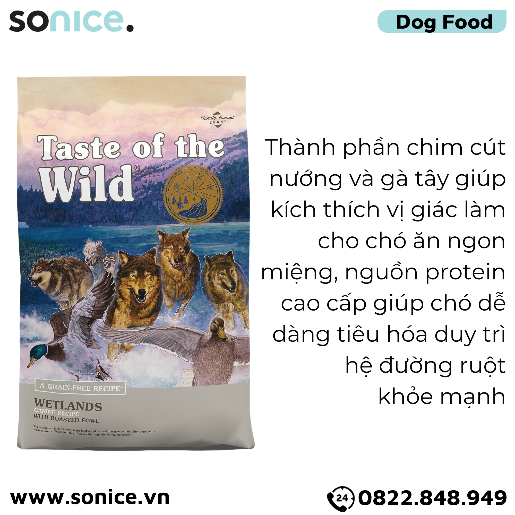 Thức ăn chó Taste Of The Wild Wetlands 12.2kg - Wild Fowl, Chim cút nướng, vịt nướng & gà tây xông khói, mọi lứa tuổi - nhập USA SONICE.