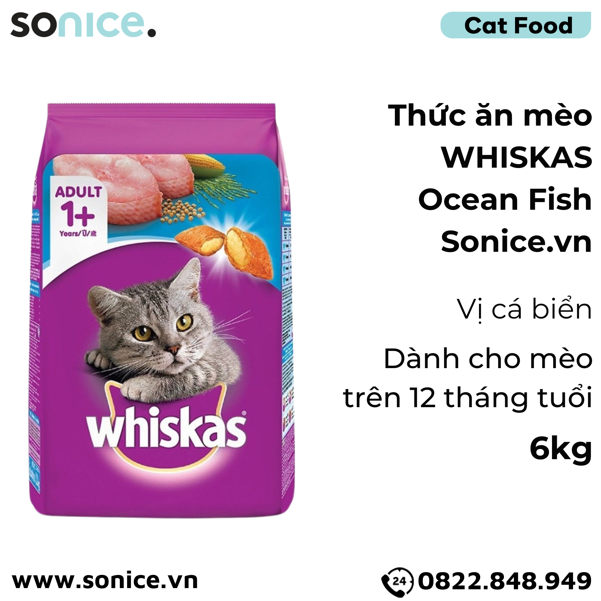 Thức ăn WHISKAS Cá Biển 6kg SONICE.