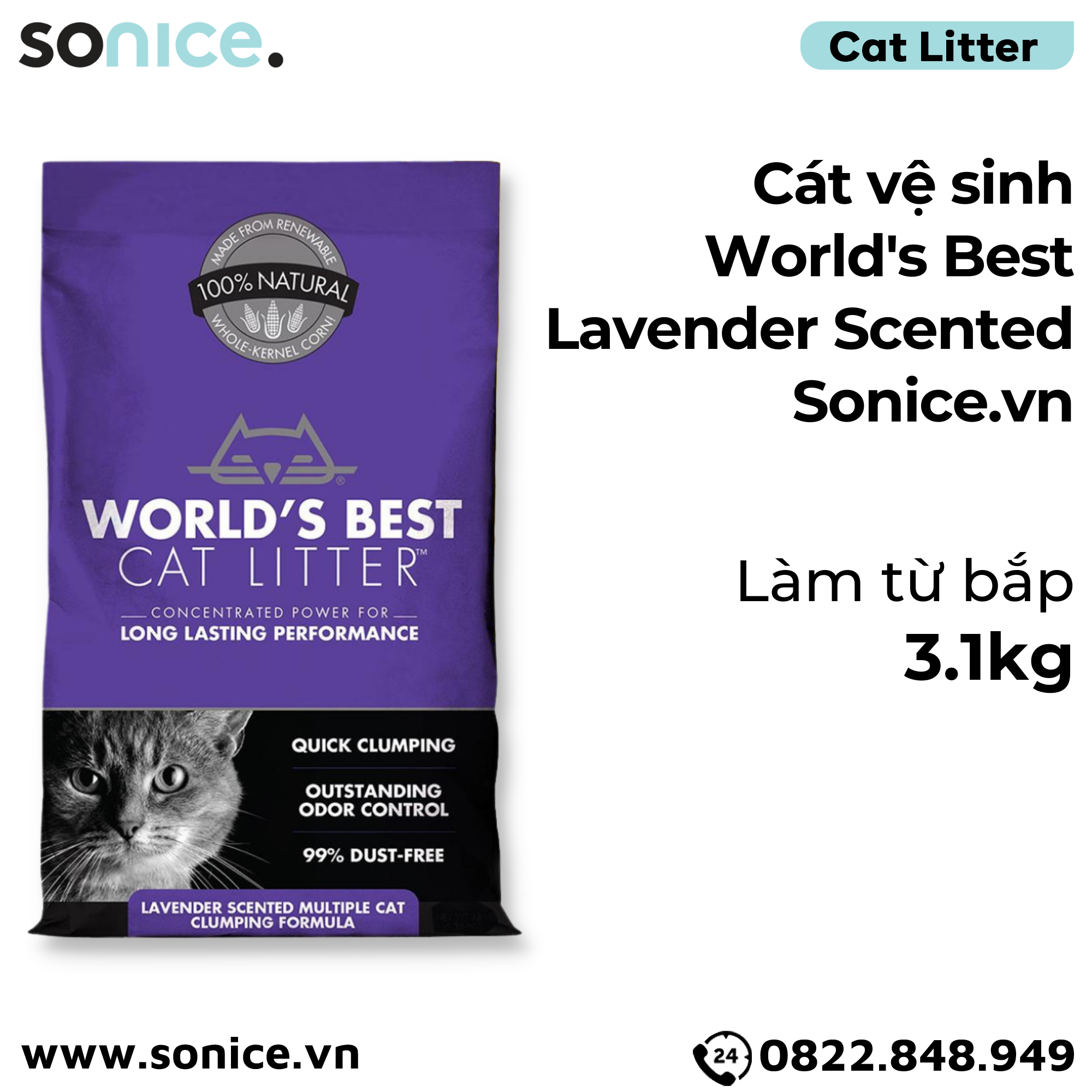 Cát vệ sinh World's Best Lavender Scented 3.1kg - làm từ bắp - Corn Cat Litter SONICE.
