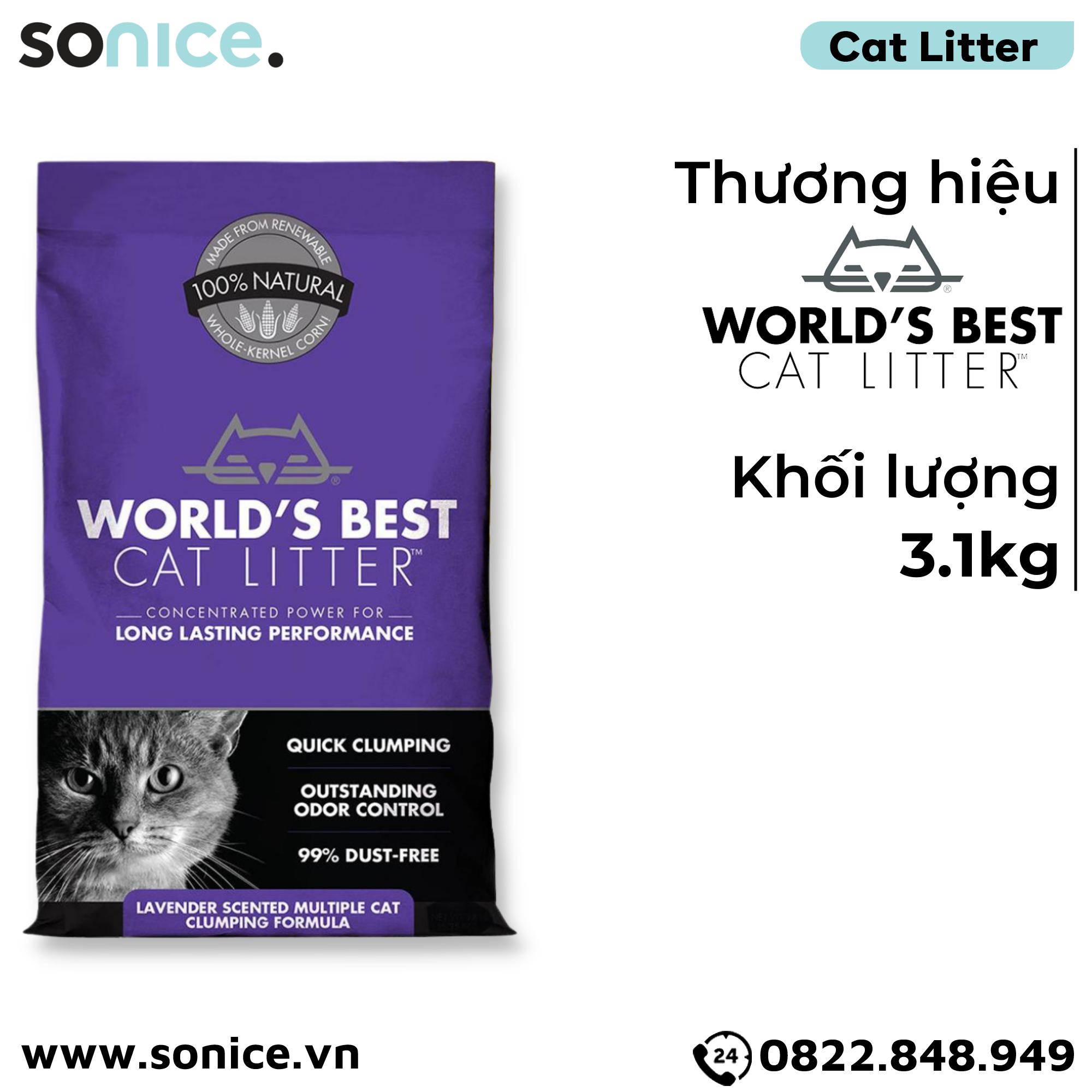 Cát vệ sinh World's Best Lavender Scented 3.1kg - làm từ bắp - Corn Cat Litter SONICE.