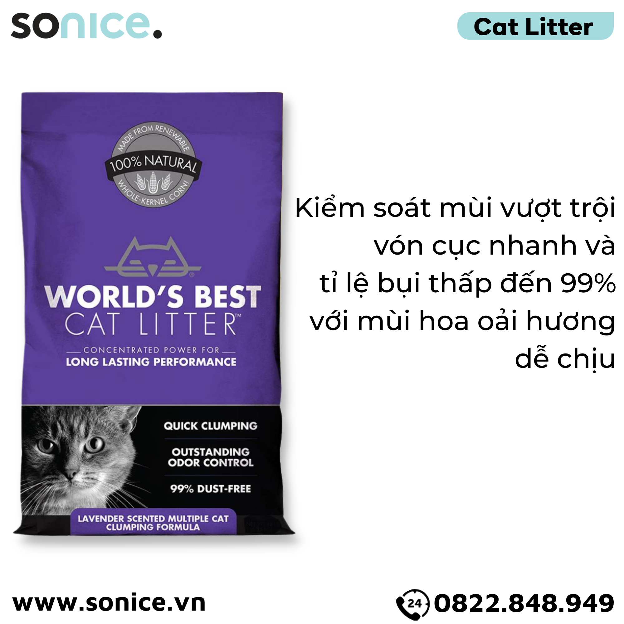 Cát vệ sinh World's Best Lavender Scented 3.1kg - làm từ bắp - Corn Cat Litter SONICE.