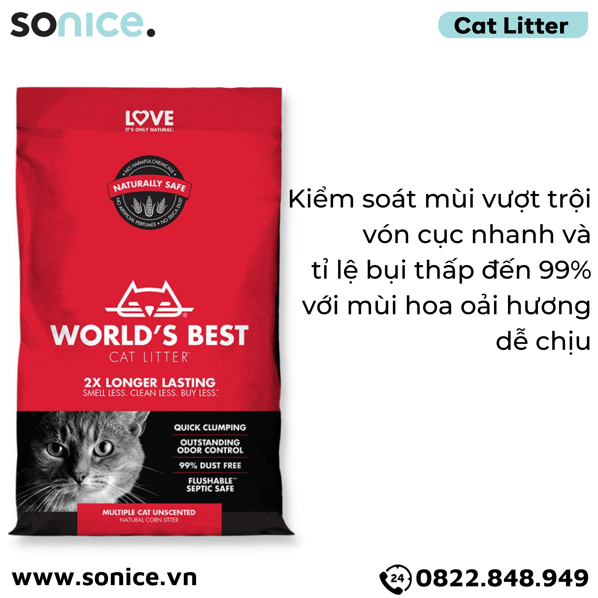 Cát vệ sinh World's Best Multi-Cat Unscented 9.3kg - làm từ bắp - Corn Cat Litter SONICE.