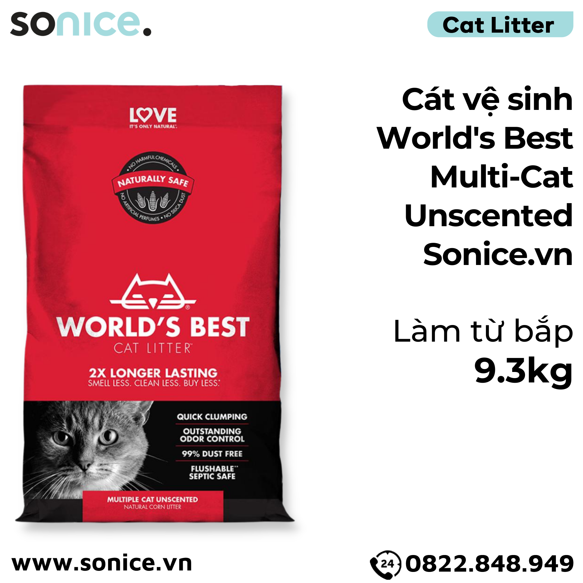 Cát vệ sinh World's Best Multi-Cat Unscented 9.3kg - làm từ bắp - Corn Cat Litter SONICE.