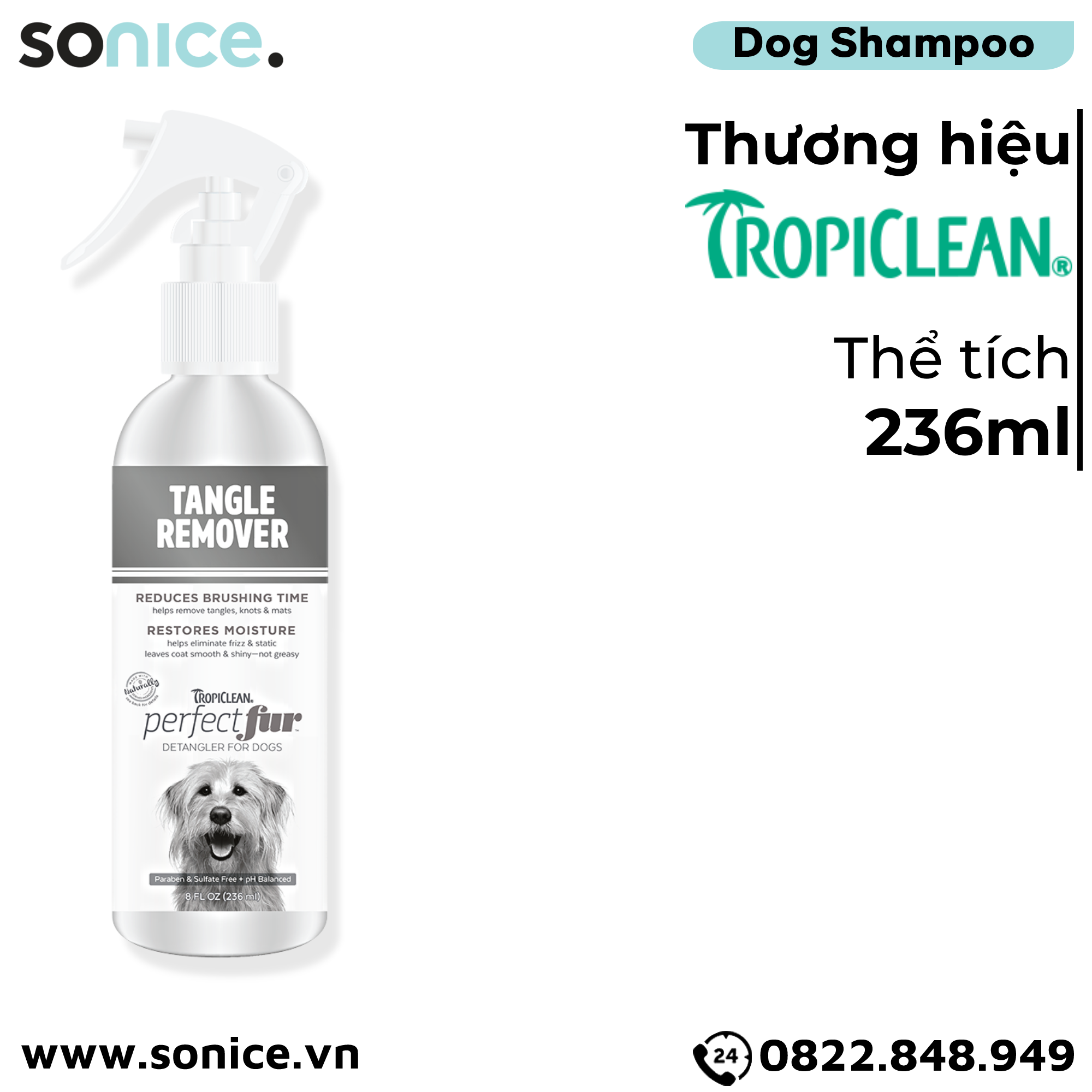 Xịt dưỡng lông TropiClean PerfectFur Tangle Remover 236ml - Dưỡng ẩm, giảm rối lông SONICE.