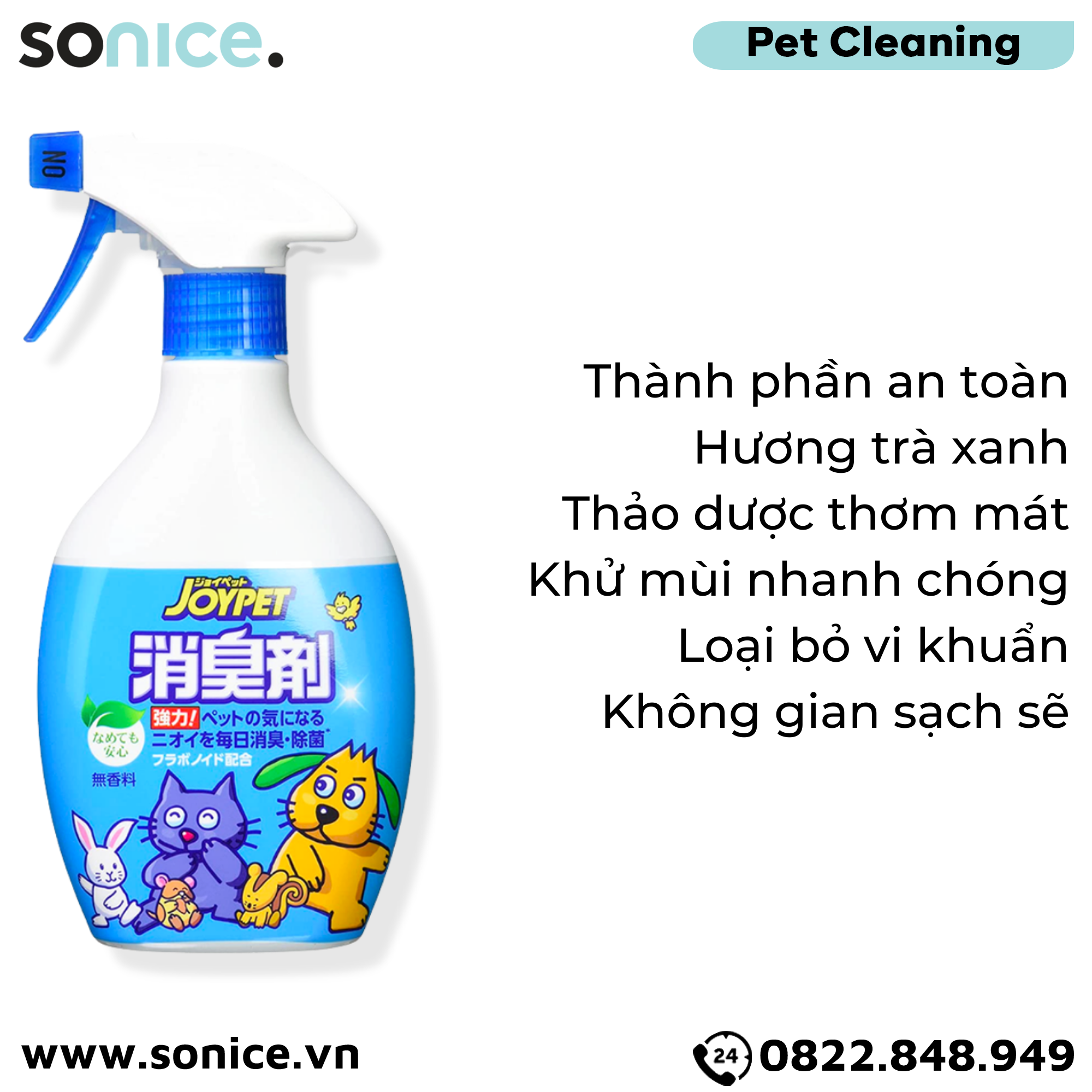 Xịt khử mùi diệt khuẩn Joy Johnson Green Tea Scented 400ml - Khử mùi hôi chất thải của Chó Mèo, hương trà xanh, Nhật Bản - SONICE.
