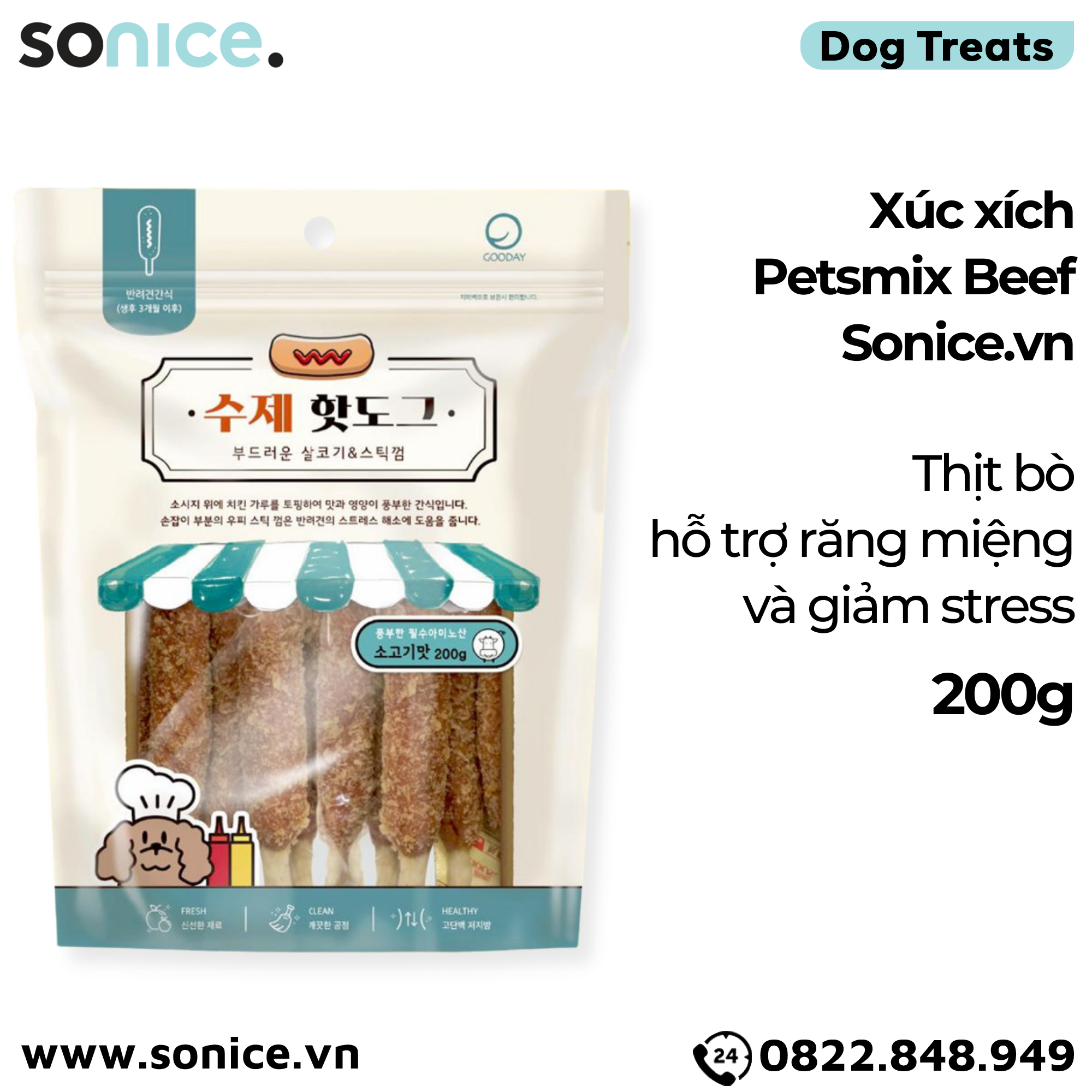 Xúc xích Petsmix Beef 200g Korea - Thịt bò, hỗ trợ răng miệng, giảm stress SONICE.