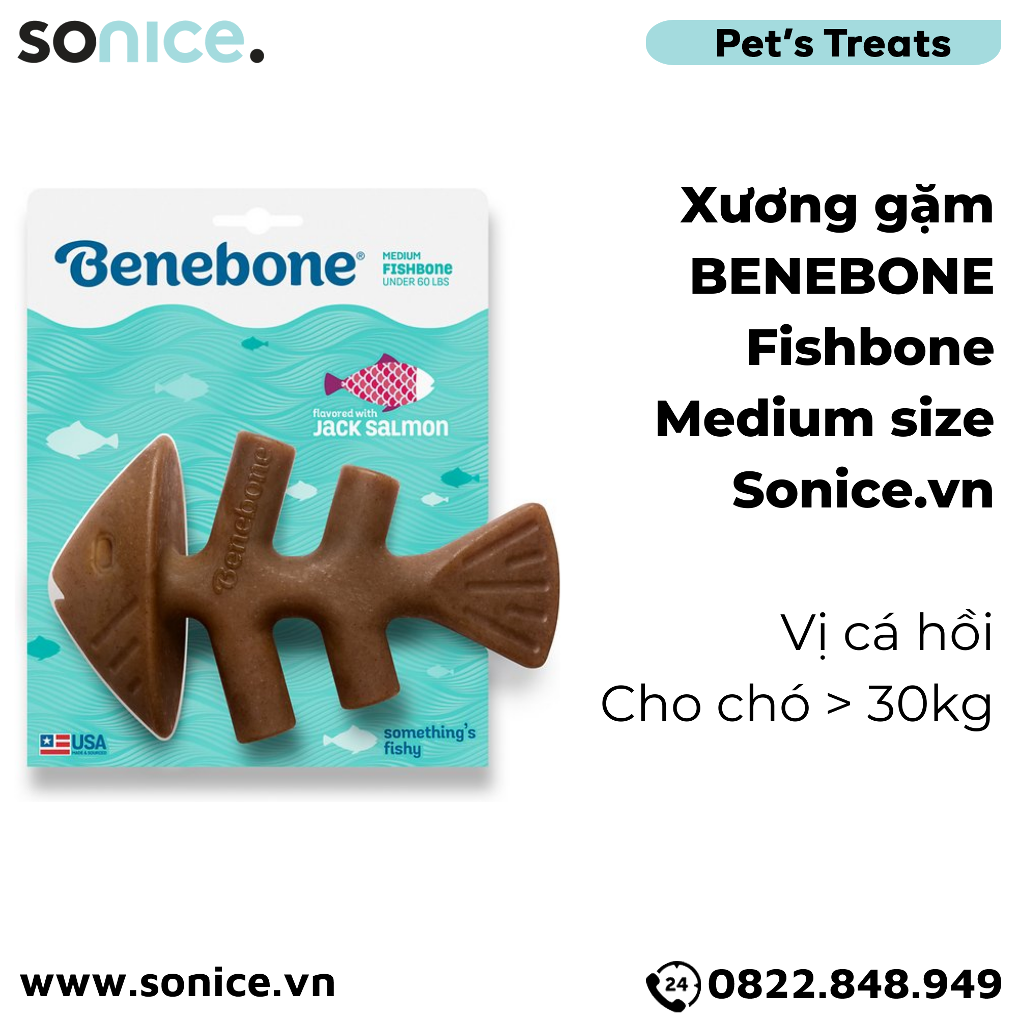 Xương gặm BENEBONE Fishbone Medium Size cho chó >30kg - vị cá hồi SONICE.