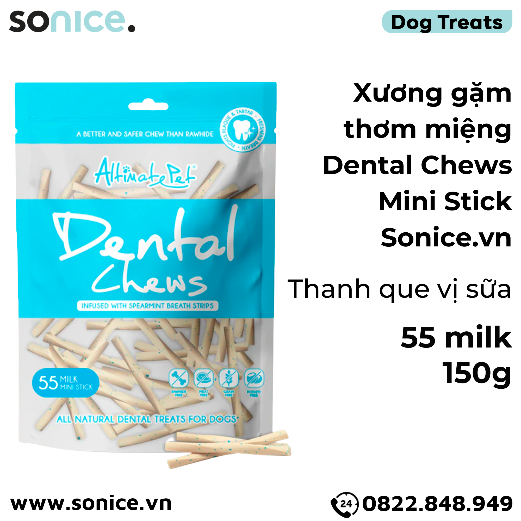 Xương gặm thơm miệng Dental Chews Mini Stick 150g - 55 milk - Thanh que vị sữa SONICE.