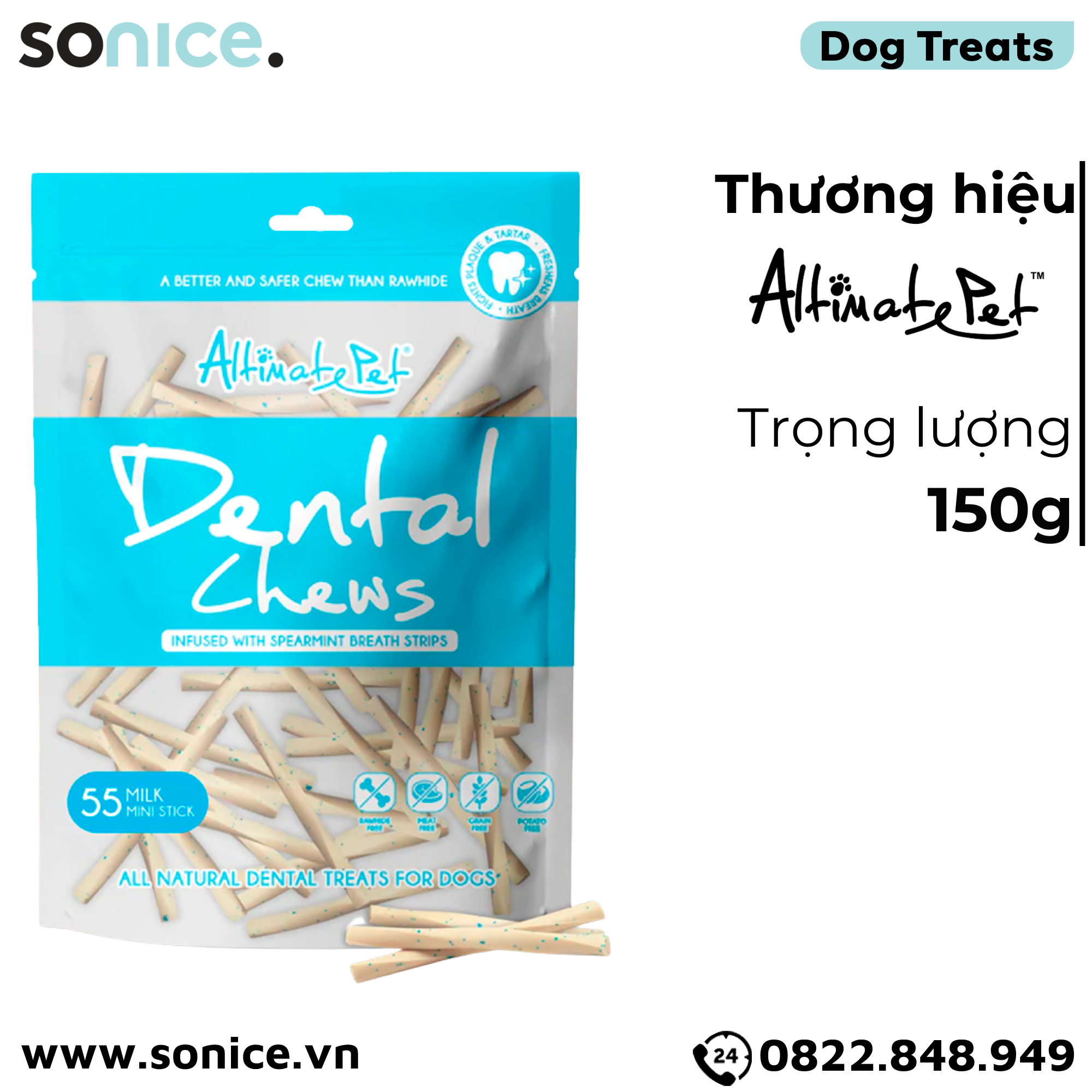Xương gặm thơm miệng Dental Chews Mini Stick 150g - 55 milk - Thanh que vị sữa SONICE.