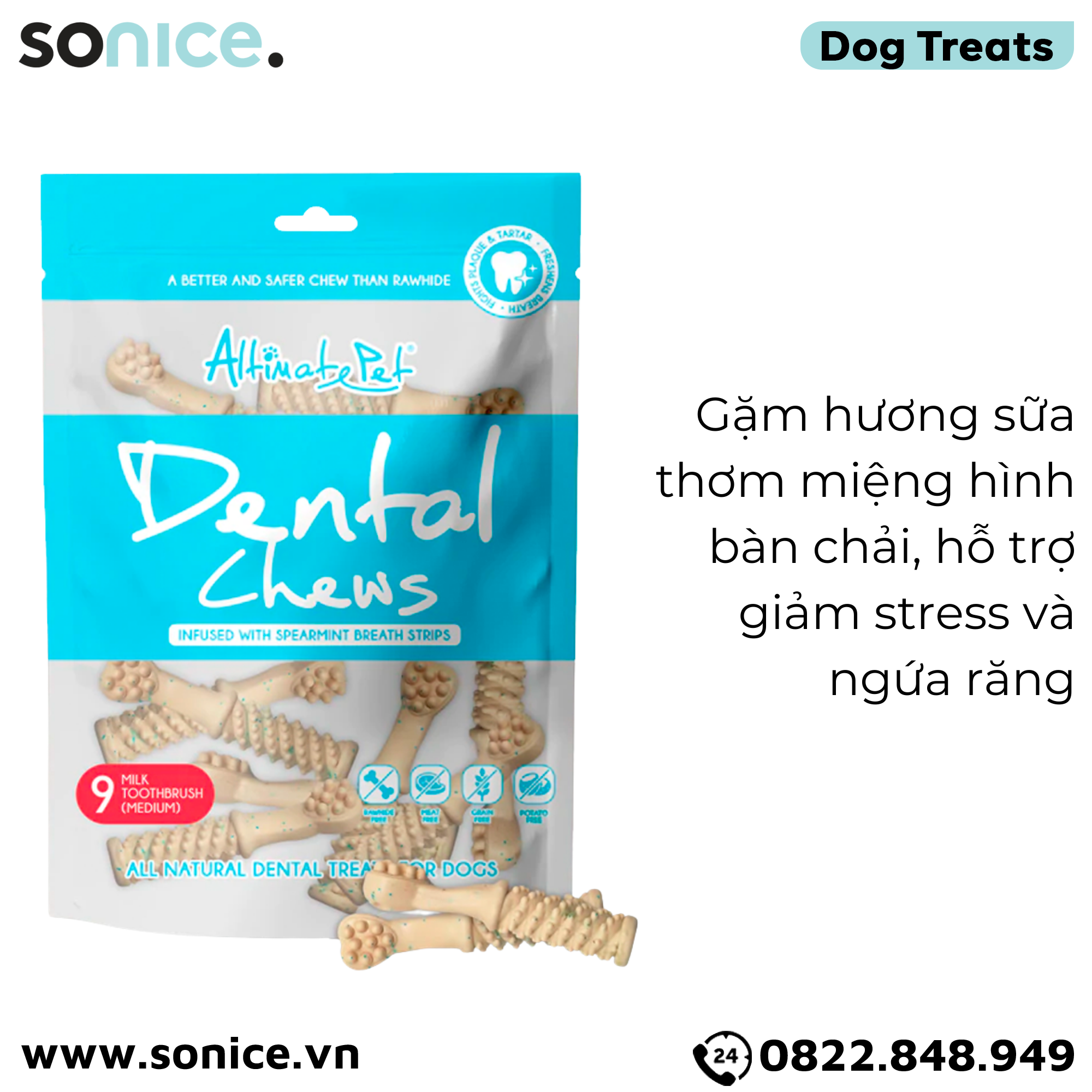 Xương gặm thơm miệng Dental Chews Toothbrush size Medium 150g - 9 milk - Bàn chải vị sữa SONICE.
