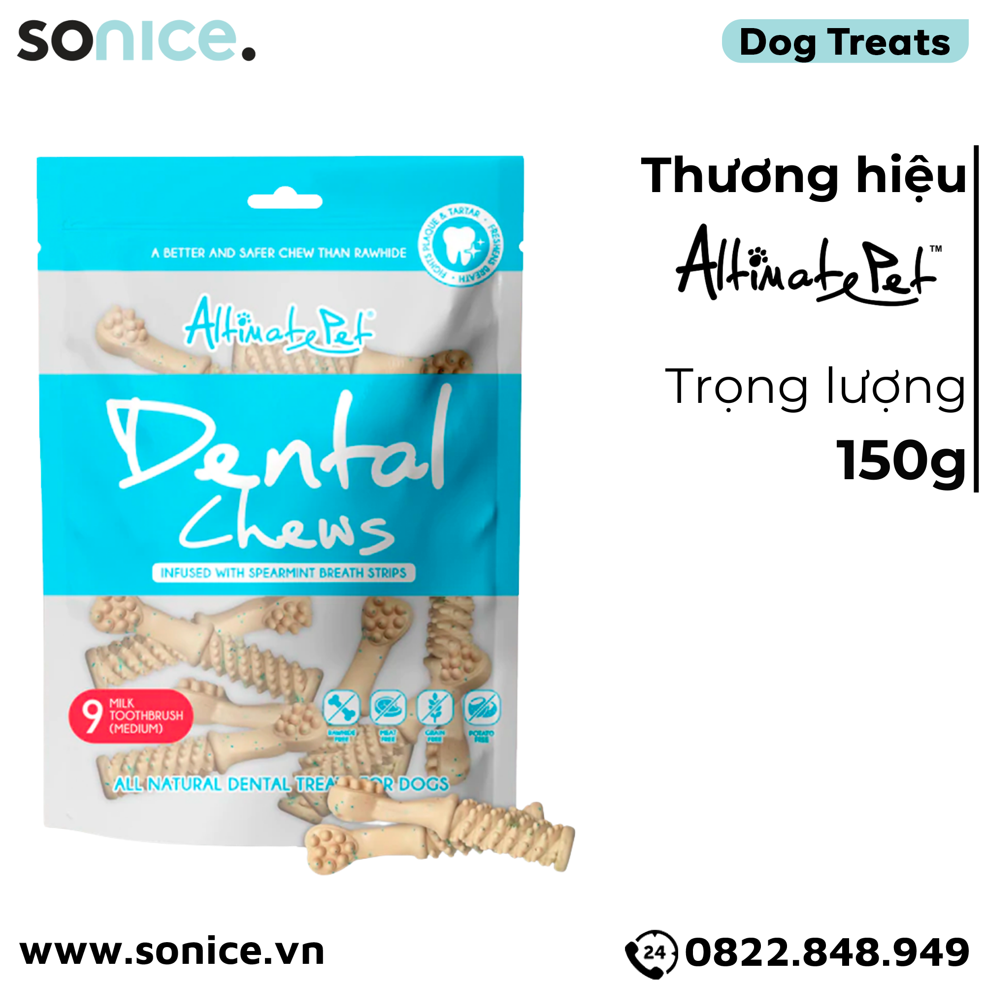 Xương gặm thơm miệng Dental Chews Toothbrush size Medium 150g - 9 milk - Bàn chải vị sữa SONICE.