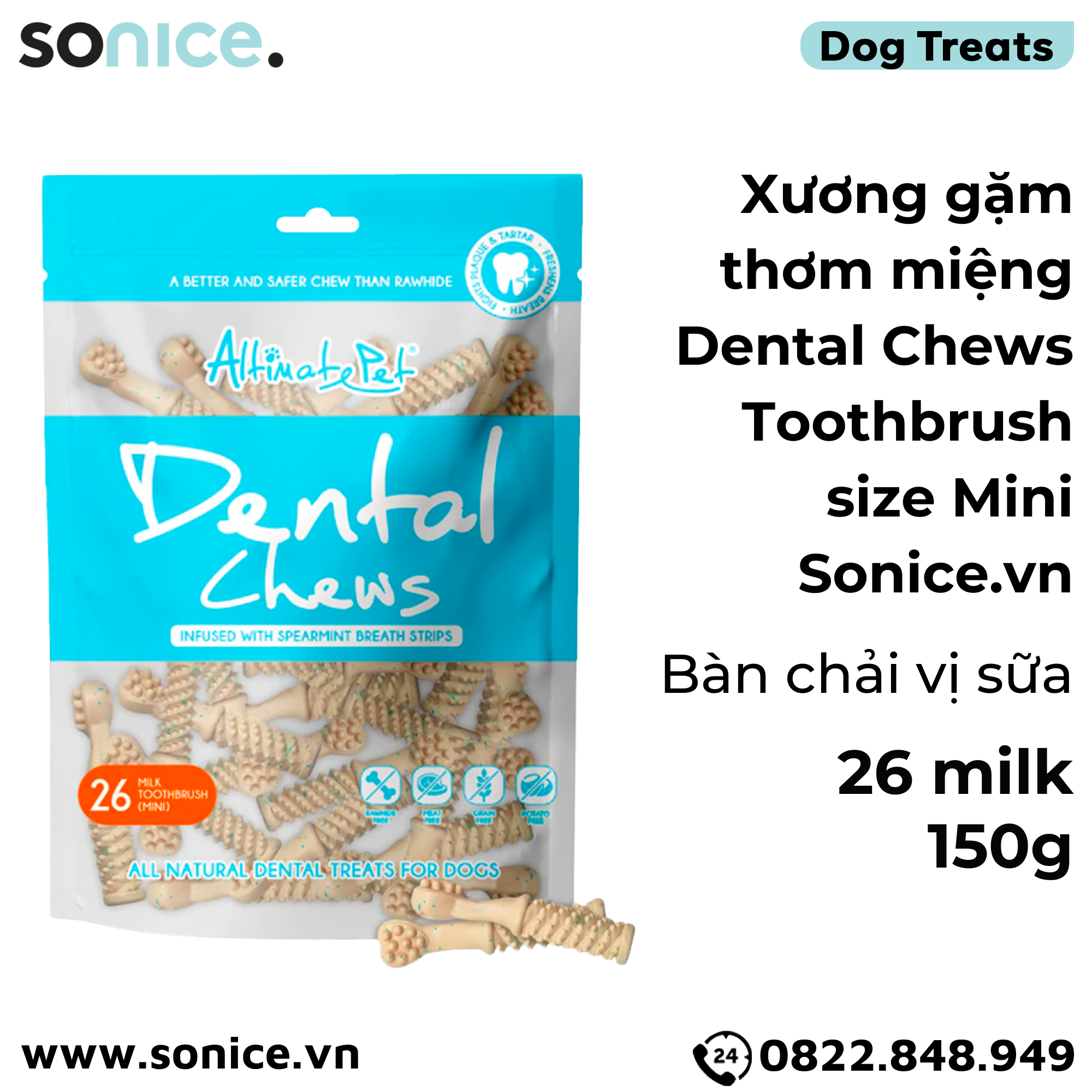 Xương gặm thơm miệng Dental Chews Toothbrush size Mini 150g - 26 milk - Bàn chải vị sữa SONICE.