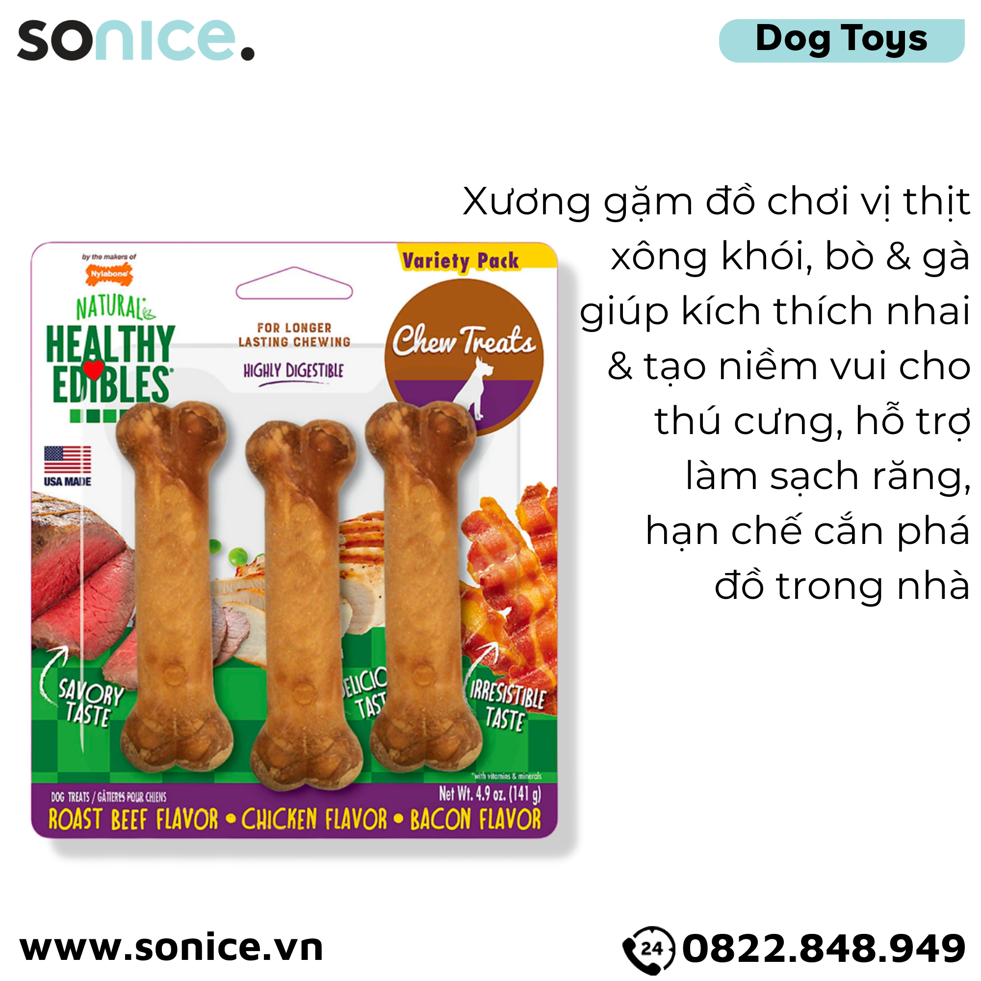 Đồ chơi Nylabone Healthy Edibles Bacon, Roast Beef & Chicken Chew Toys - Thịt xông khói, thịt bò và thịt gà, hỗ trợ răng miệng SONICE.