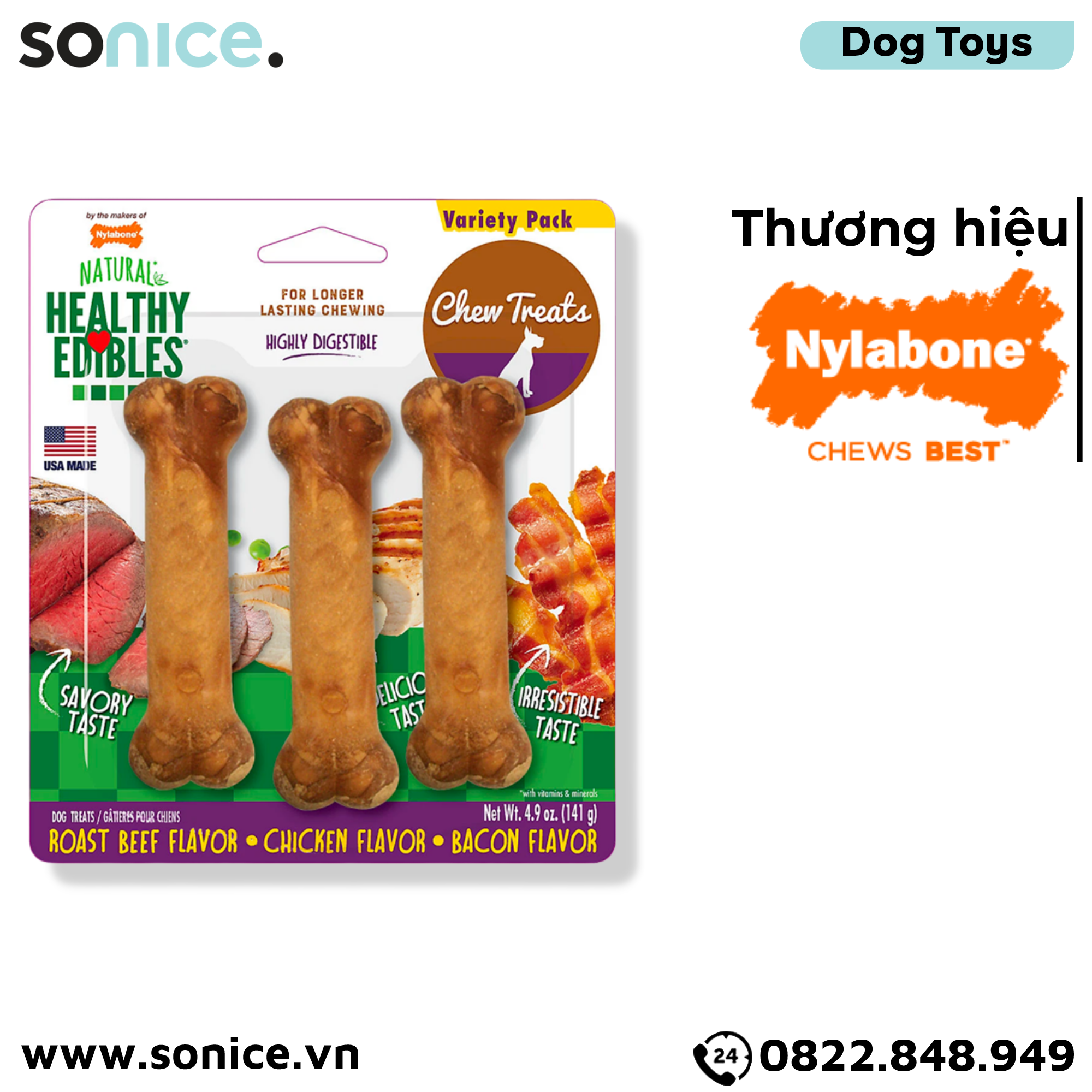 Đồ chơi Nylabone Healthy Edibles Bacon, Roast Beef & Chicken Chew Toys - Thịt xông khói, thịt bò và thịt gà, hỗ trợ răng miệng SONICE.