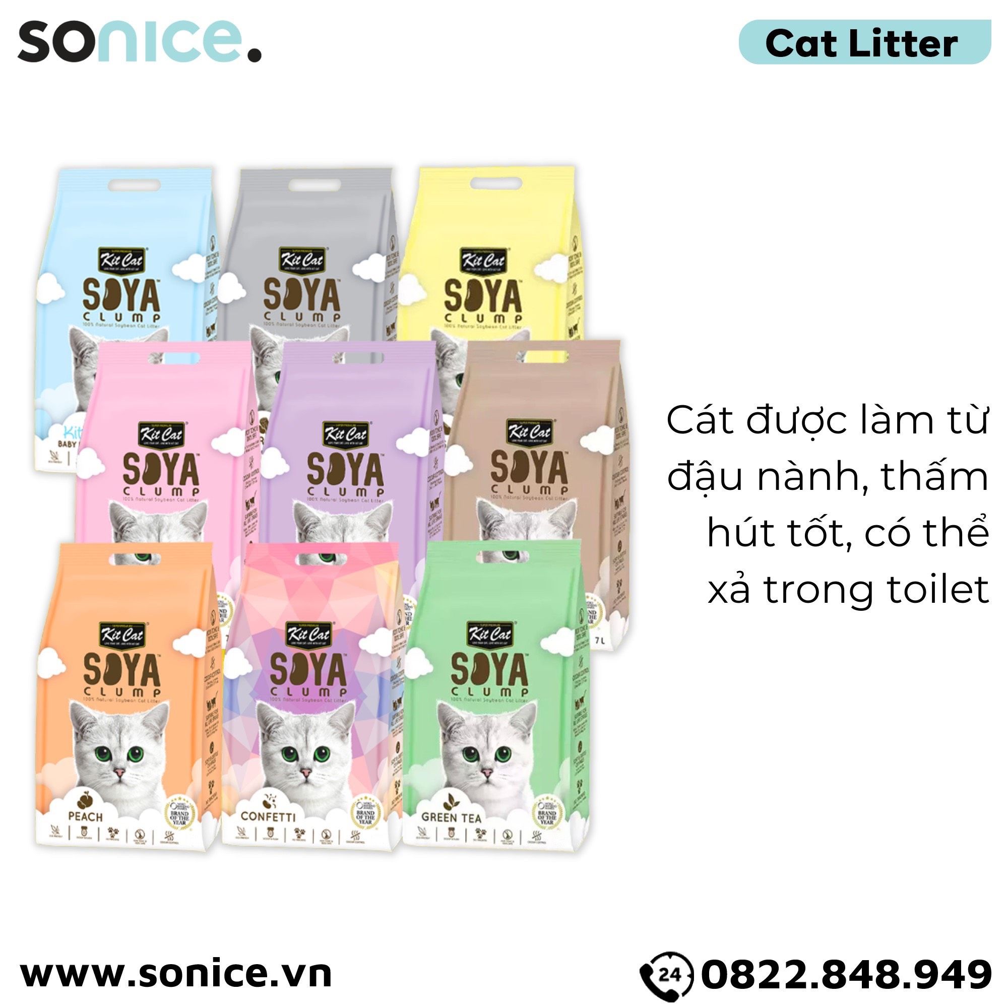 Cát vệ sinh mèo Kit Cat Soya Clump Litter 21L - Làm từ đậu nành tofu SONICE.