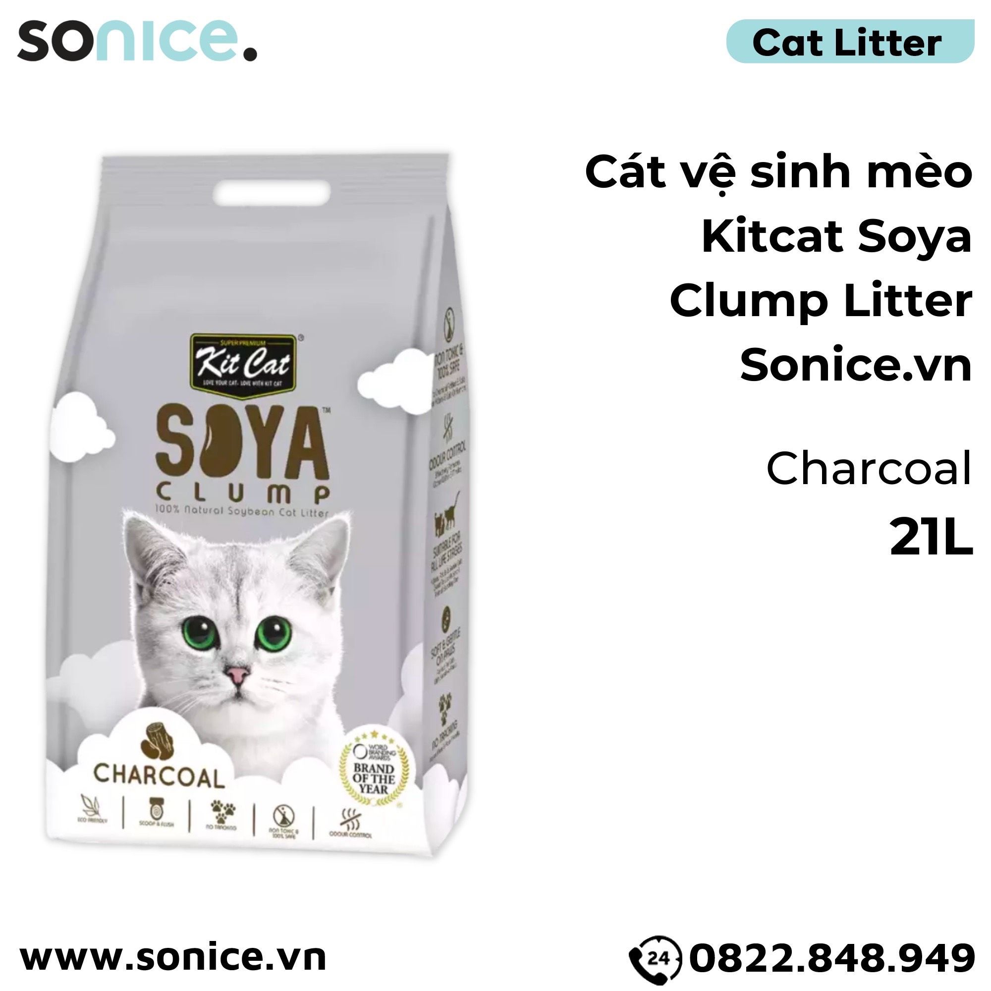  Cát vệ sinh mèo Kit Cat Soya Clump Litter 21L - Làm từ đậu nành tofu SONICE. 