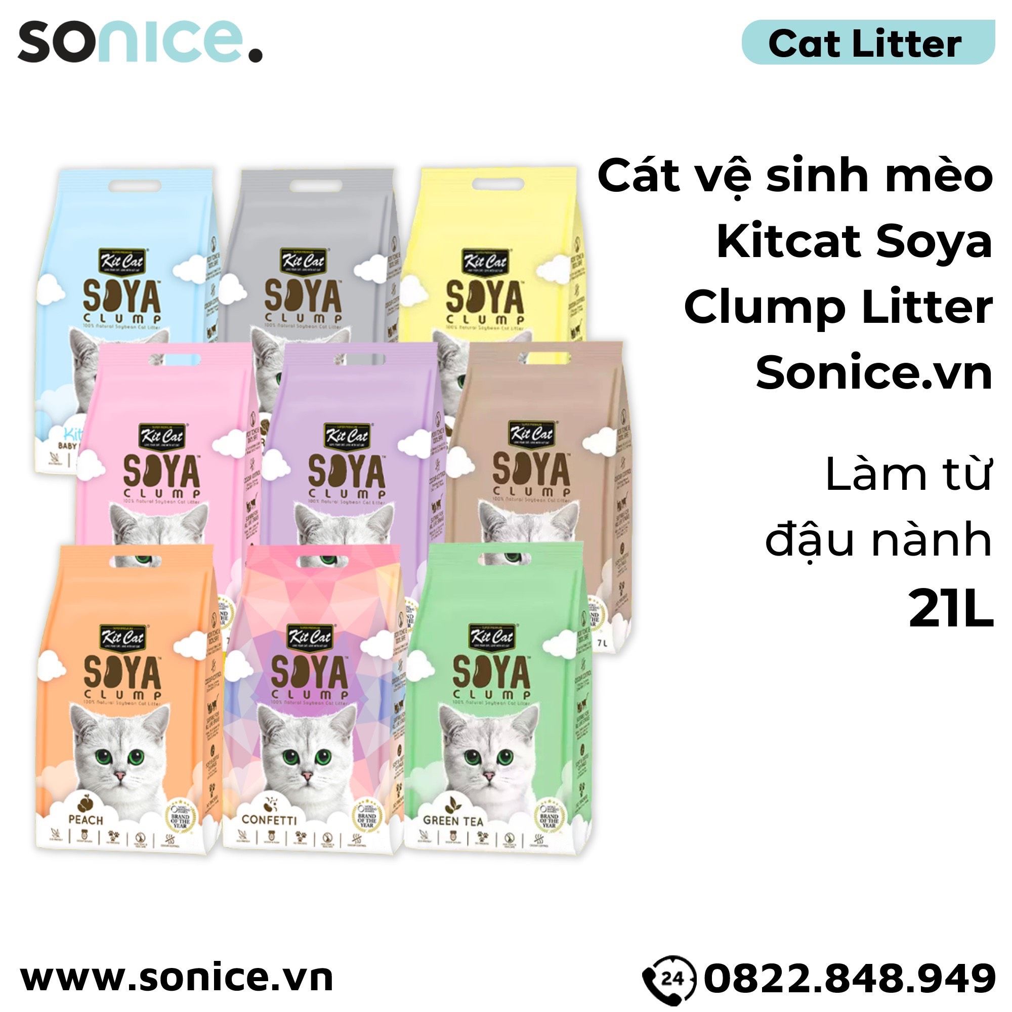  Cát vệ sinh mèo Kit Cat Soya Clump Litter 21L - Làm từ đậu nành tofu SONICE. 