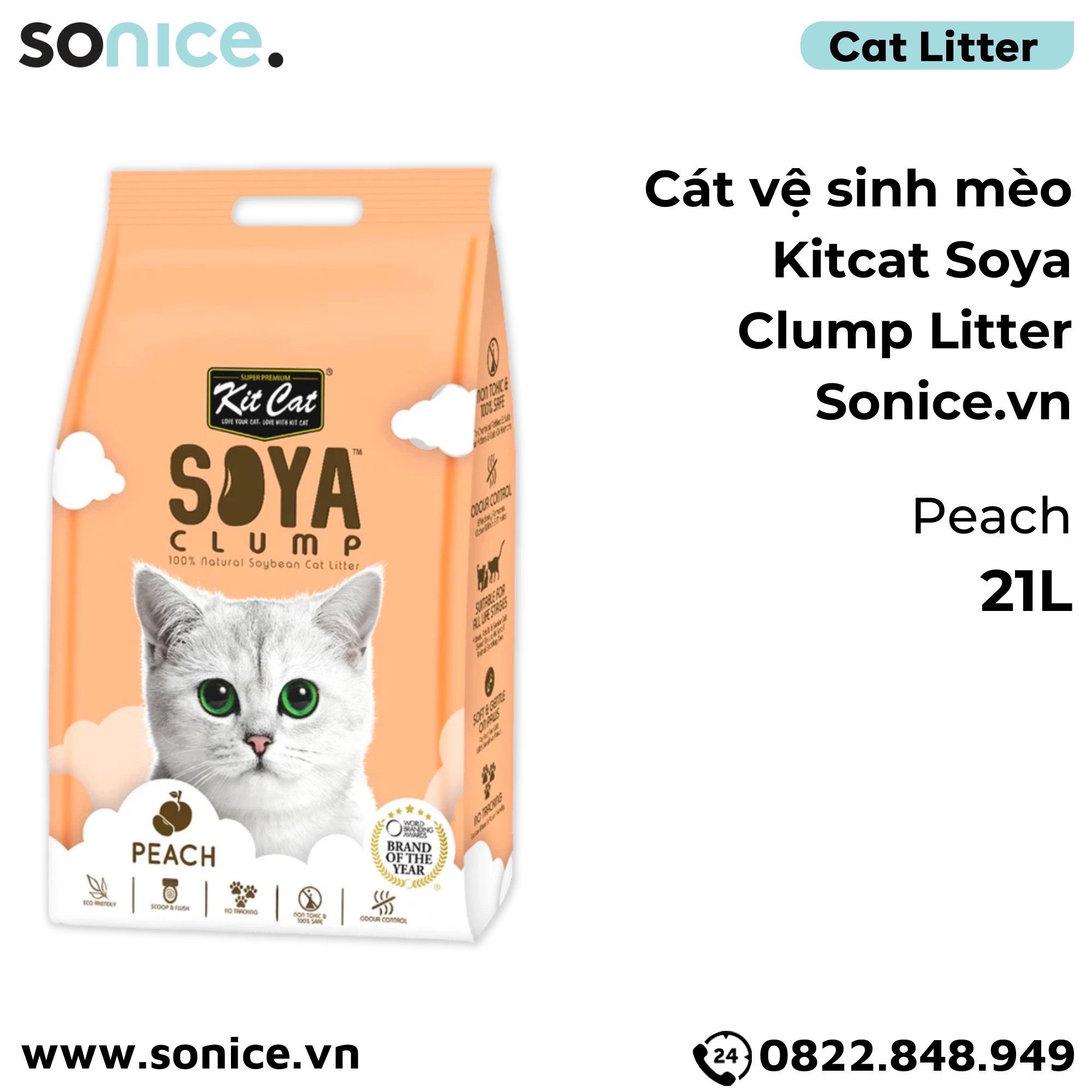 Cát vệ sinh mèo Kit Cat Soya Clump Litter 21L - Làm từ đậu nành tofu SONICE.