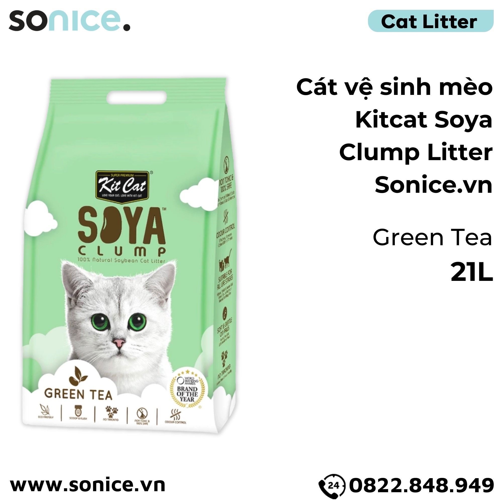 Cát vệ sinh mèo Kit Cat Soya Clump Litter 21L - Làm từ đậu nành tofu SONICE.