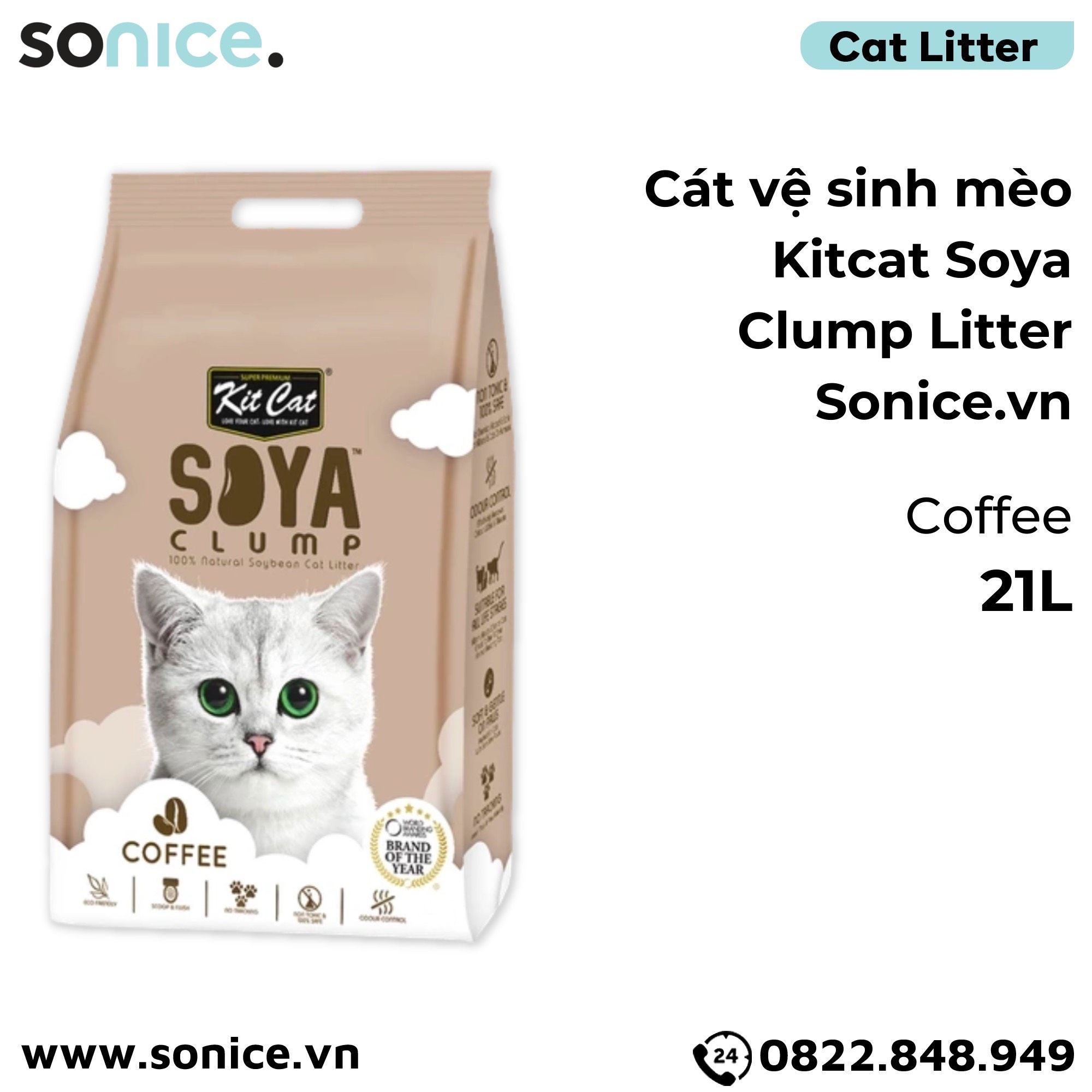  Cát vệ sinh mèo Kit Cat Soya Clump Litter 21L - Làm từ đậu nành tofu SONICE. 