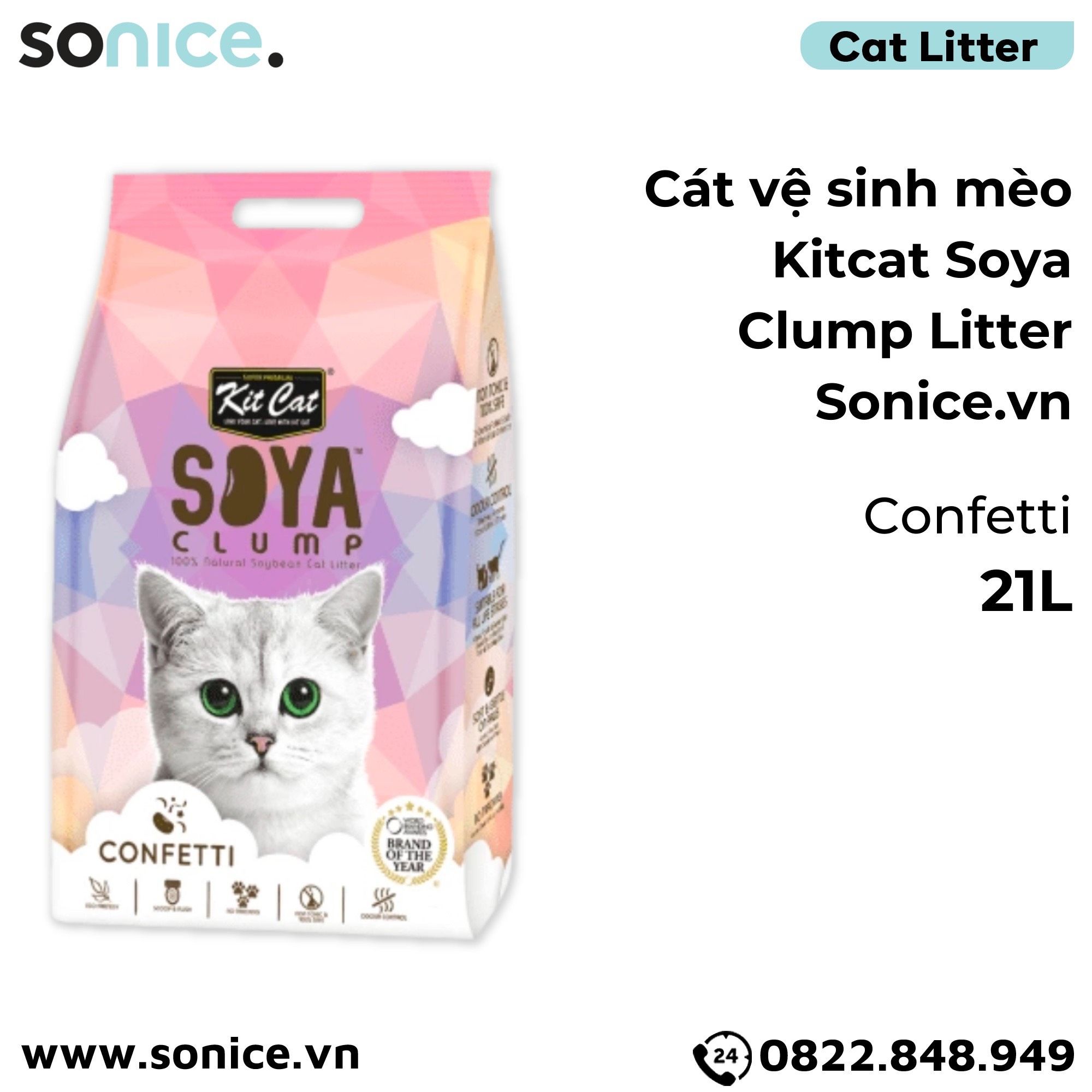  Cát vệ sinh mèo Kit Cat Soya Clump Litter 21L - Làm từ đậu nành tofu SONICE. 