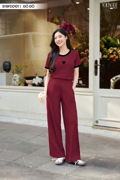 Bộ đồ nữ dáng quần dài chất tăm Hàn phối viền đính tag ngực