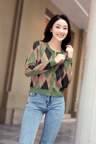 Áo cardigan lông thỏ thiết kế chính hãng Cardina họa tiết kẻ trám cổ tròn