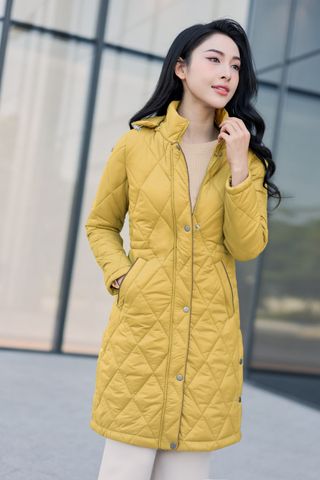 Áo khoác phao nữ dáng dài xẻ sườn cấu trúc lõi bông siêu nhẹ Nhật Bản