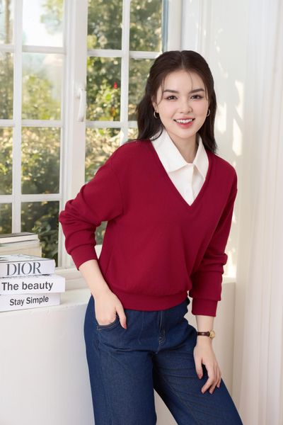 Áo nỉ lông cừu nữ thu đông dáng phối cổ sơmi thanh lịch