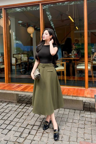 Chân váy midi dáng chữ A bổ mảnh kèm đai rời