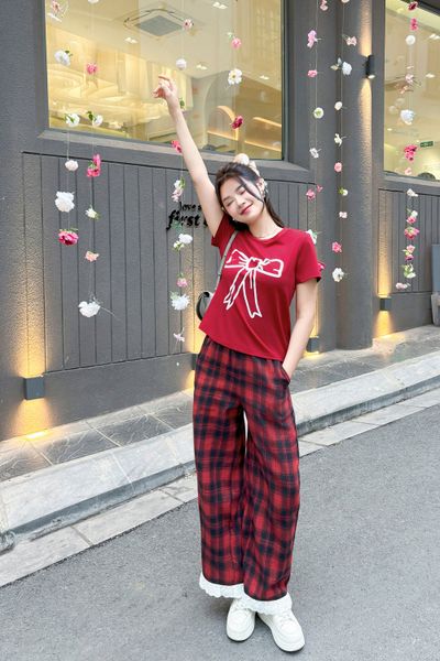 Set đồ bộ nữ dáng áo ngắn tay quần kẻ gấu bèo