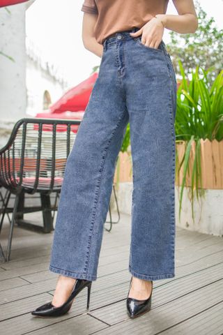 Quần jean cạp cao nữ dáng suông ống rộng, chất liệu vải jean cao cấp