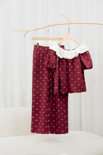 Set áo babydoll quần dài cạp chun viền cổ bánh bèo họa tiết nơ