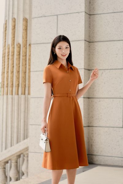 Váy sơ mi dáng A Cardina chất chéo Nhật có đai eo