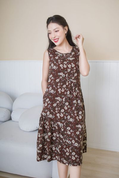 Đầm suông nữ chất lanh cổ tròn sát nách, kiểu dáng baby doll lệch tầng