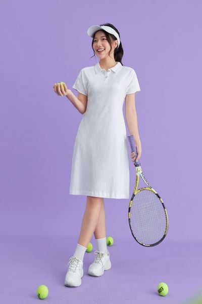 Váy polo cổ đức có khuy chất cotton dáng thể thao tay liền