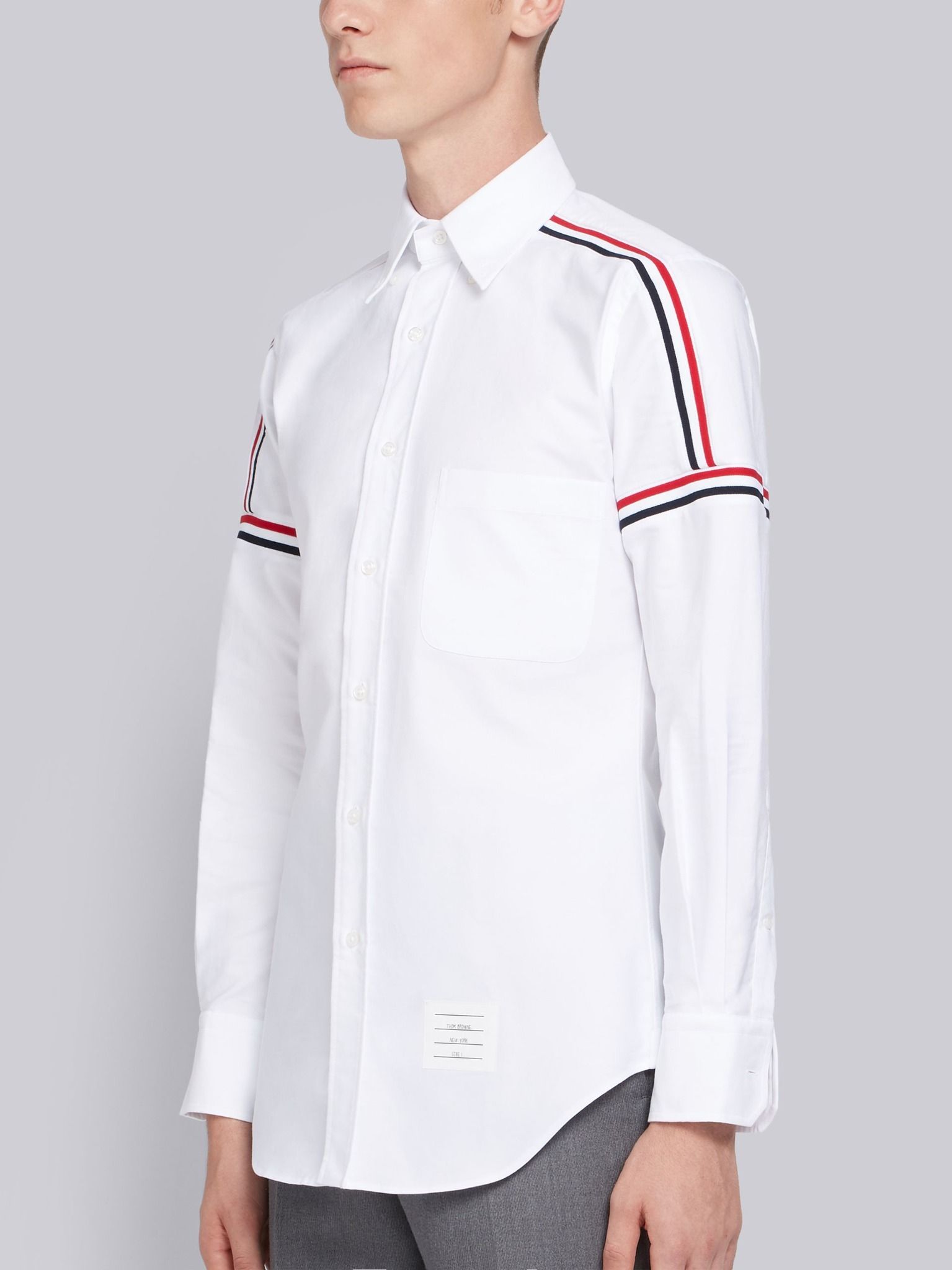 Áo Thom Browne White Oxford Seamed Elastic Stripe Classic Shirt.