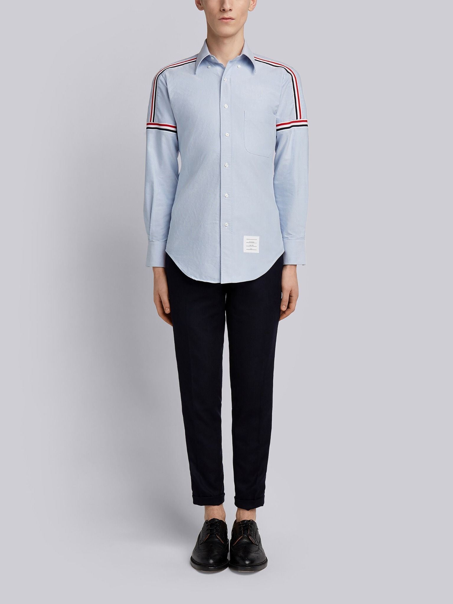 Áo Thom Browne White Oxford Seamed Elastic Stripe Classic Shirt.