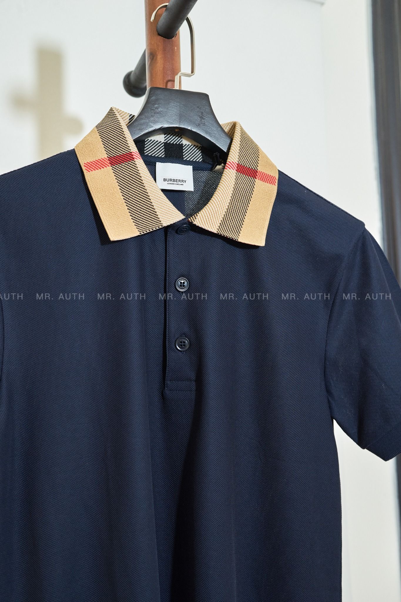 Burberry Check Collar Cotton Polo Shirt.
