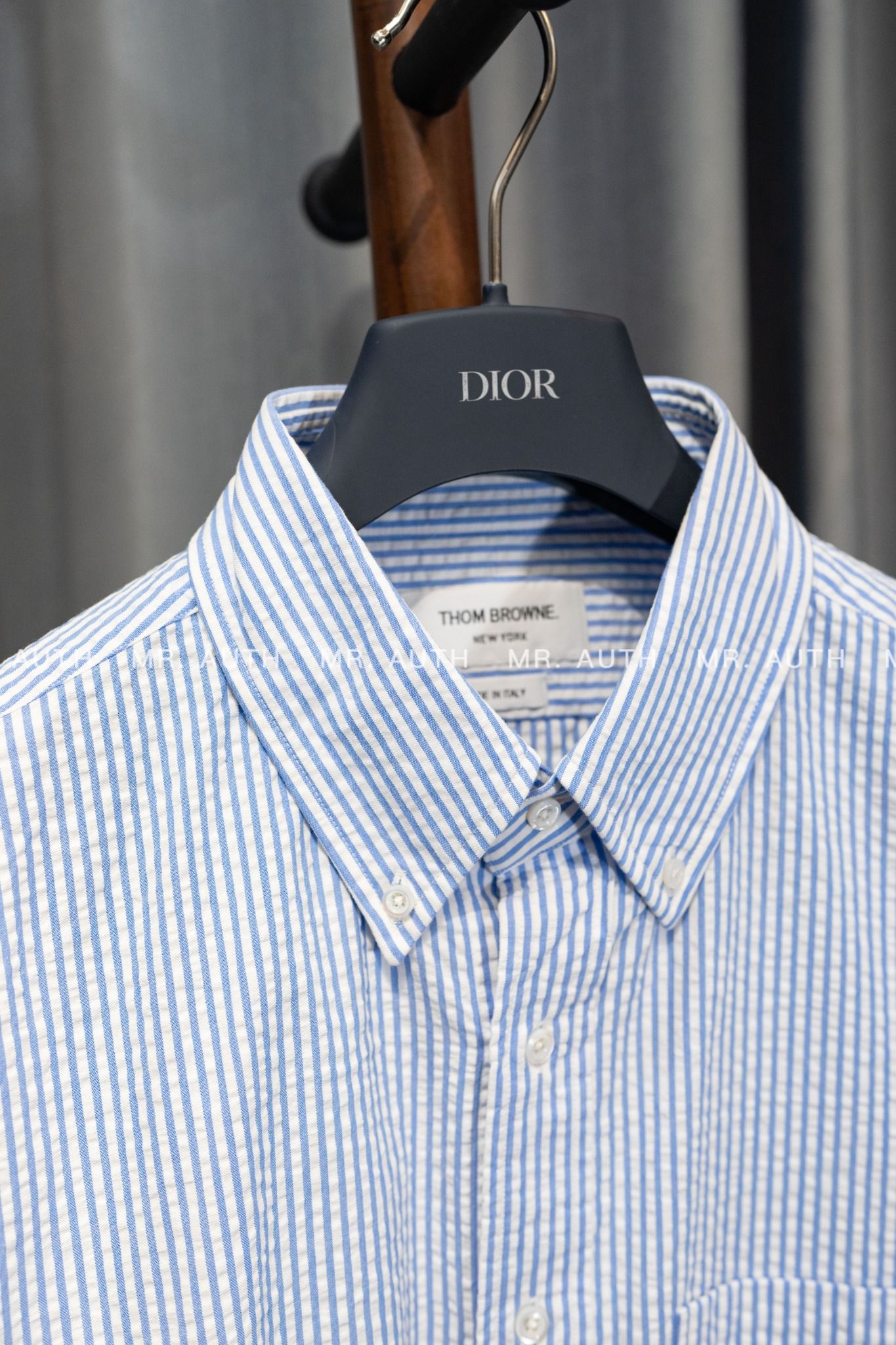 Thom Browne Light Blue Cotton Seersucker Grosgrain Cuff Straight Fit Short Sleeve Shirt.