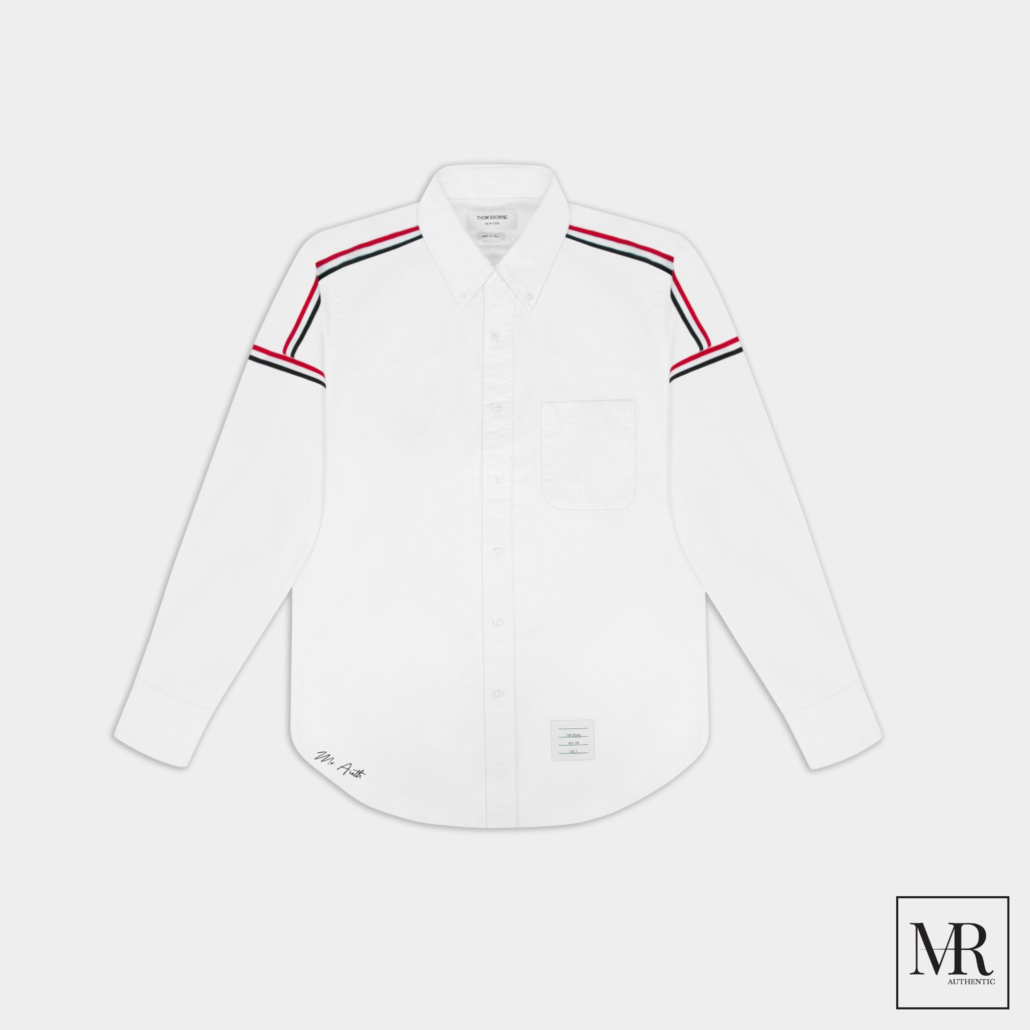Áo Thom Browne White Oxford Seamed Elastic Stripe Classic Shirt.