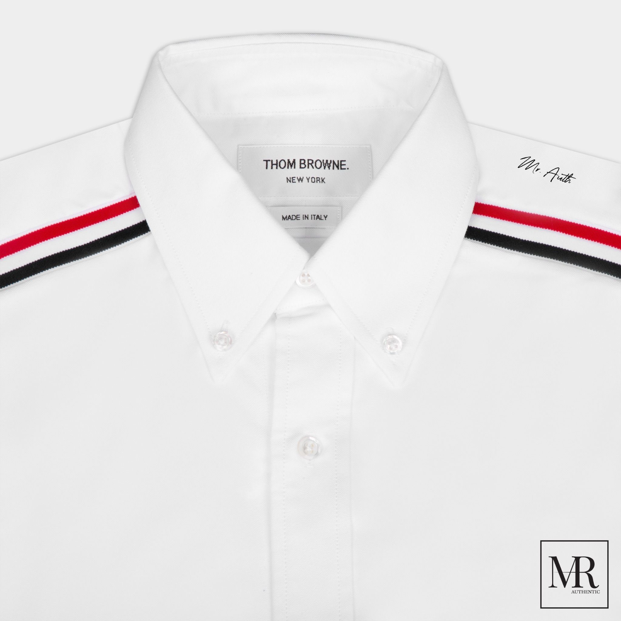 Áo Thom Browne White Oxford Seamed Elastic Stripe Classic Shirt.