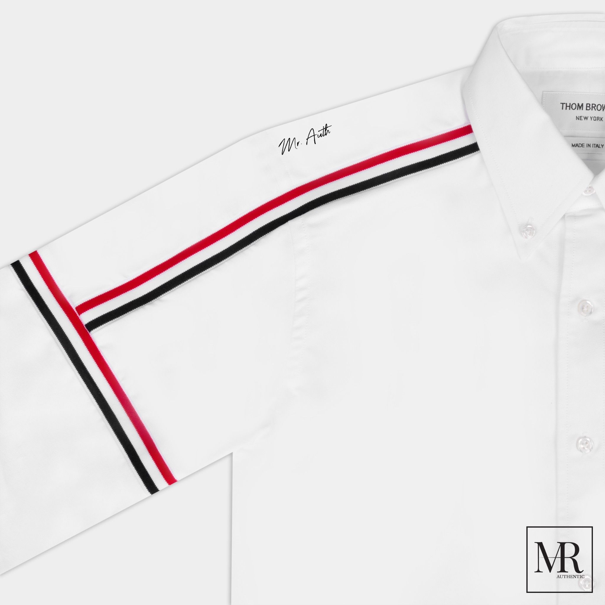 Áo Thom Browne White Oxford Seamed Elastic Stripe Classic Shirt.