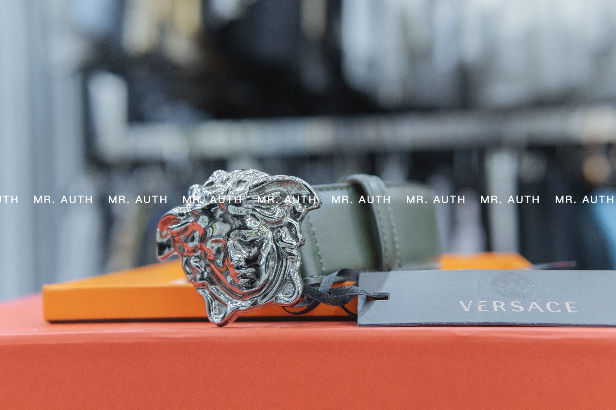 Versace Medusa Embossed Greca Leather Belt