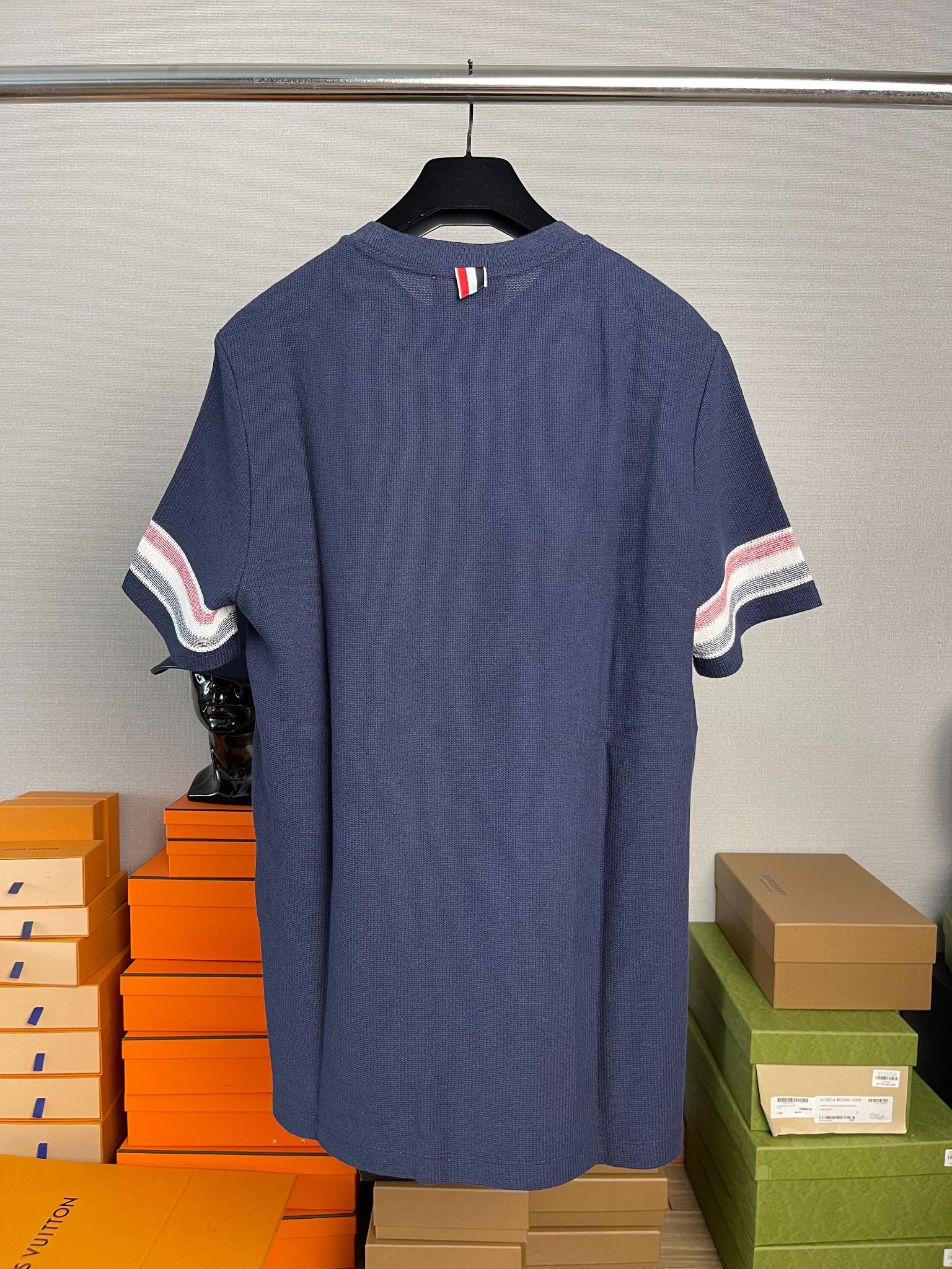 Thom Browne Textured Cotton Stripe Short Sleeve Tee.
