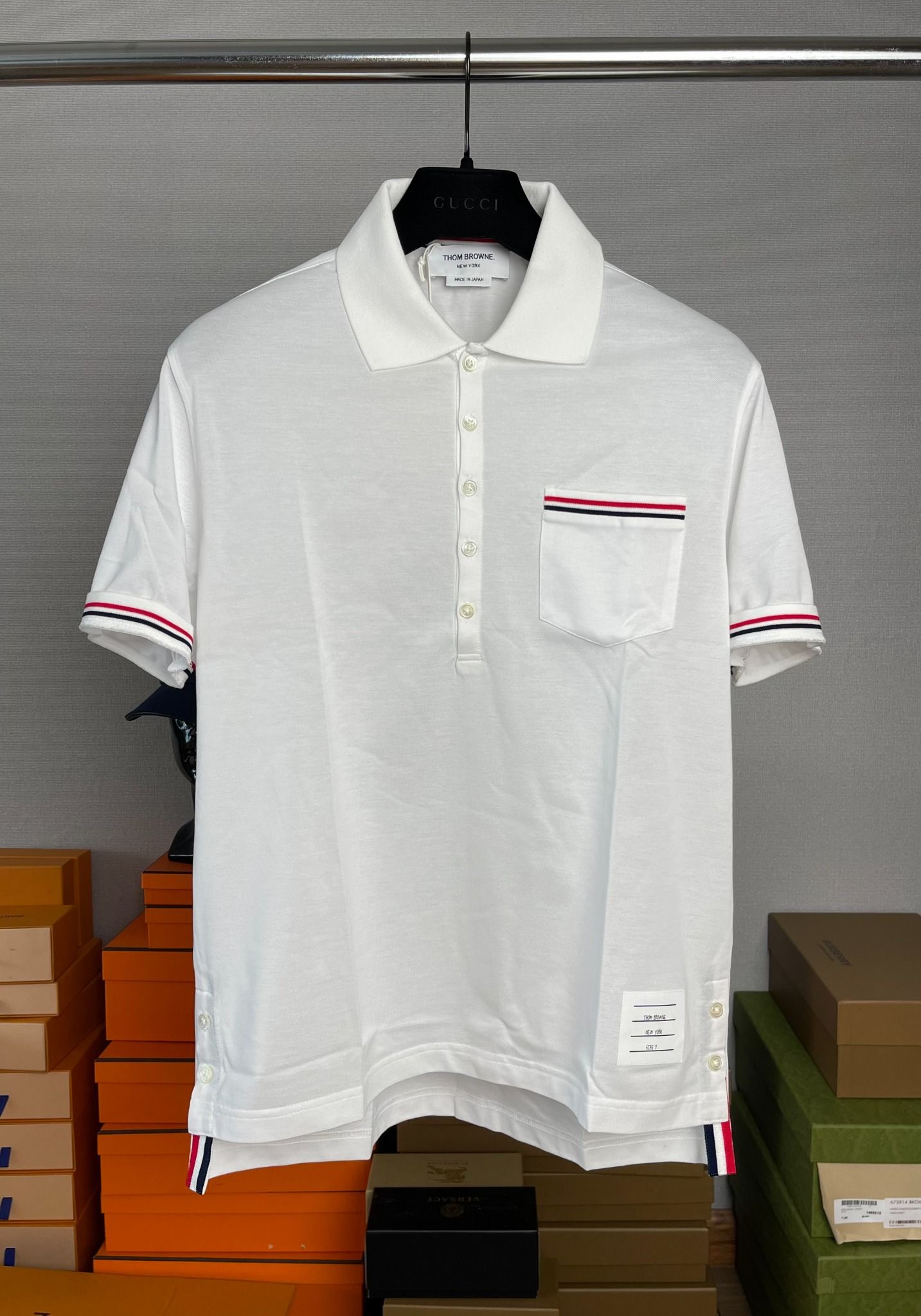 Áo Thom Browne Tricolour Stripe Cotton-Piqué Polo Shirt.