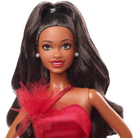  Đồ chơi búp bê Barbie Signature 2022 Collectible Holiday Doll with Dark Brown Hair & Poinsettia Gown 