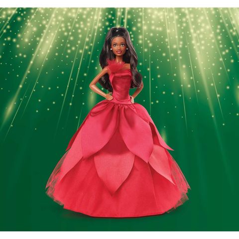  Đồ chơi búp bê Barbie Signature 2022 Collectible Holiday Doll with Dark Brown Hair & Poinsettia Gown 