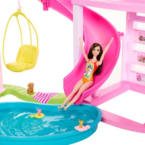  Đồ chơi nhà búp bê HMX10 Barbie Dreamhouse Pool Party Doll House with 75+ pc, 3 Story Slide 